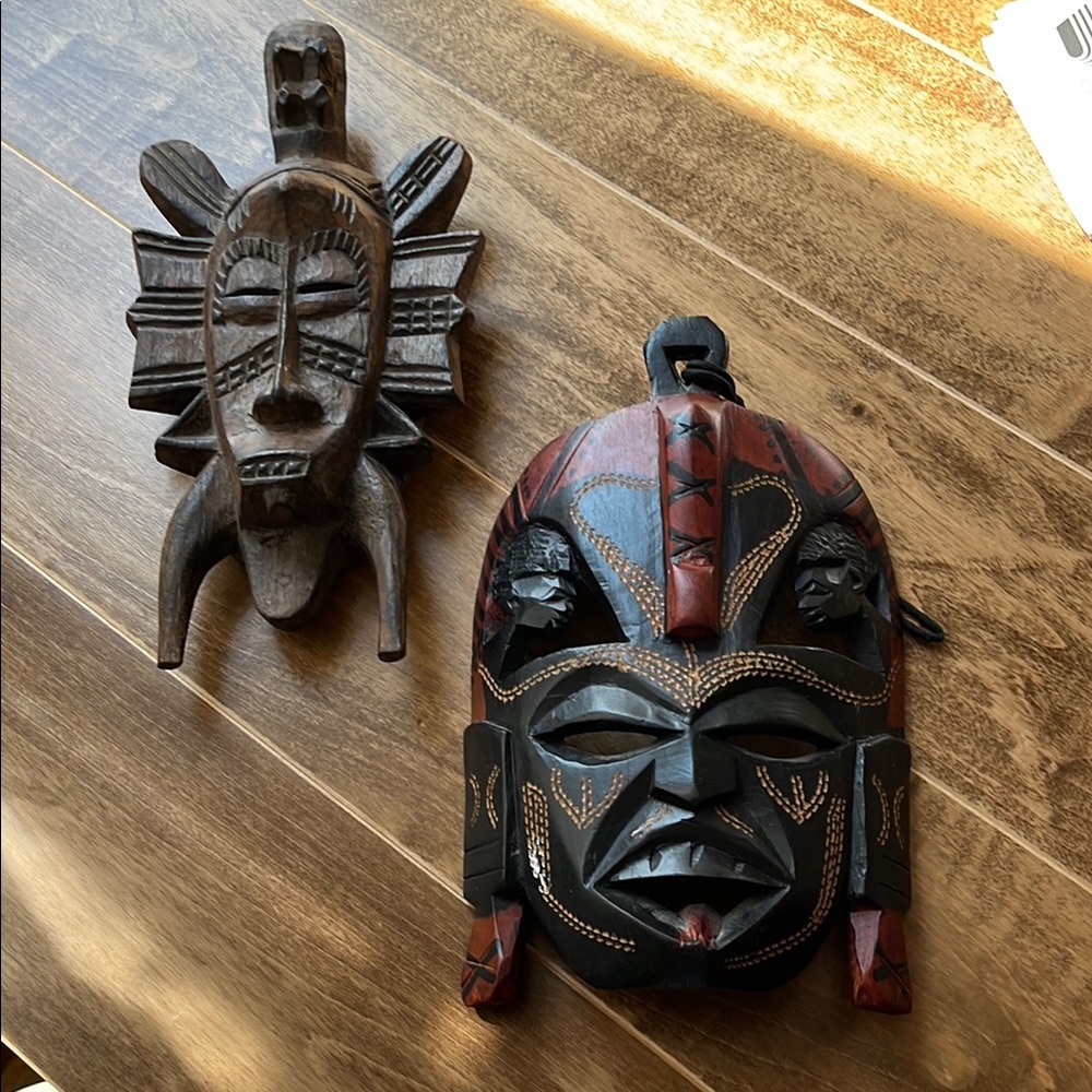 Two Handcrafted Wooden Wall Masks - Brown and Black/Red